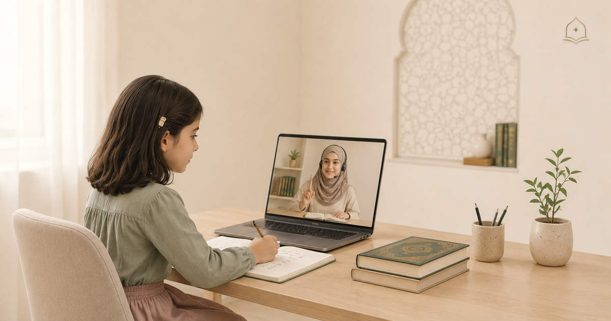 A child attending a one-to-one online Quran trial lesson with a female teacher