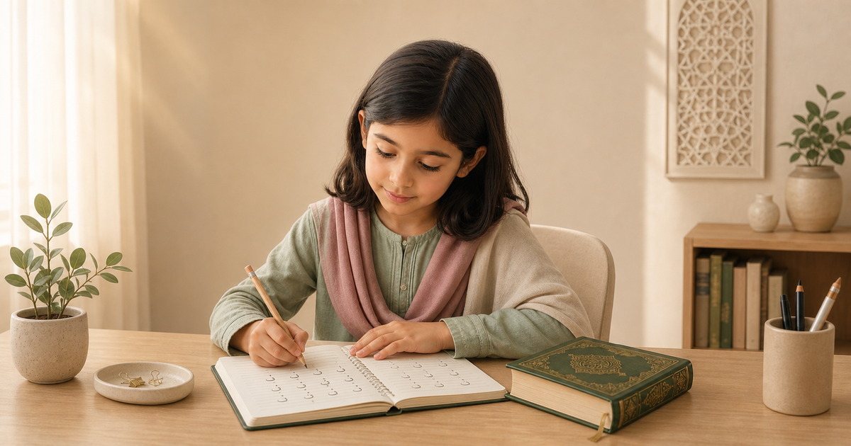Maryam reviews a short surah at a calm home desk with a Qur'an and practice notebook.